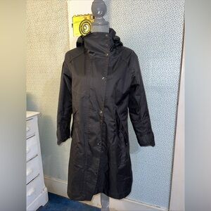 nau Women's Gray Soft Shell Long zippered Hooded Recycled Rain Trench Coat L